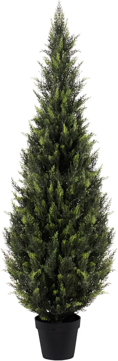 ZEEOZE 5FT Artificial Cedar Topiary Trees (1 Pack) - UV Resistant Faux Evergreen Shrubs Extra Dense Foliage Realistic Fake Pine Cypress Plants Easy Assembly for Front Porch Garden Indoor Office Decor