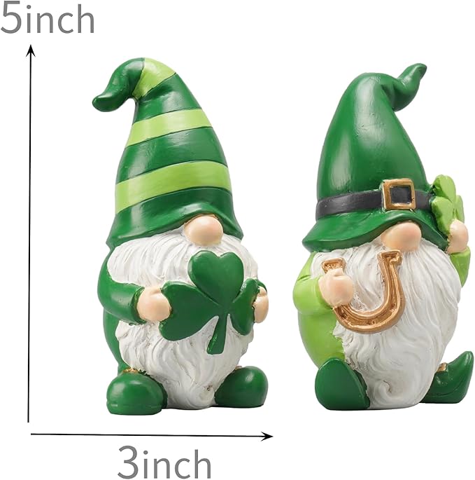 Newman House Studio St Patricks Day Decorations Gnome Décor - 2Pc Resin Gnome Figurines with Green Shamrock Horseshoe Modern Farmhouse Décor for Tabletop Home Décor