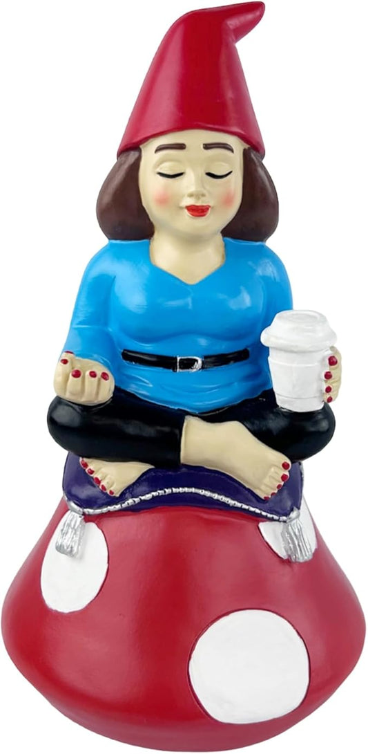 Gnometastic Lady Zen Gnome Statue - 8.8in Funny Garden Gnome Outdoor Decoration for Yard, Patio, Lawn Ornament, Yoga, Drinking Coffee Figurine for Home Decor, Gifts