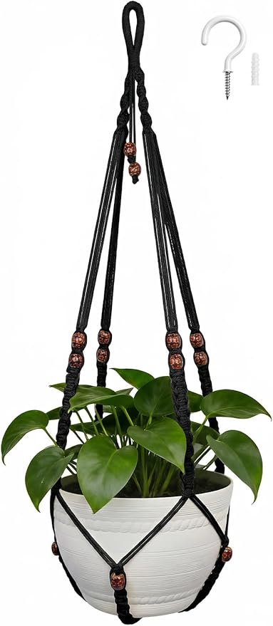 HOREAKHJ 35 Inch Macrame Plant Hanger, Large for up to 15 Inch Pot Extra Long Hanging Planter Holder Basket with Wood Beads for Indoor Outdoor Home Decor (Black, 1-Pack)