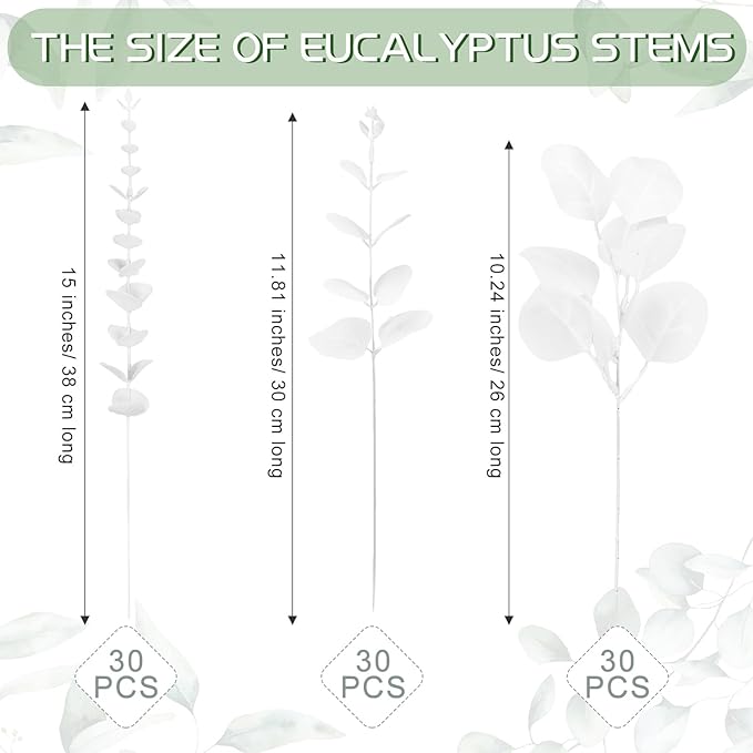 Giegxin 90 Pcs 3 Kinds Mixed Eucalyptus Leaves Stems Bulk Artificial Silver Dollar Leaves Picks Dried Eucalyptus Bundle Faux Spray for Wedding Vase Bouquet Floral Arrangement (White)