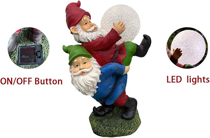 Solar Powered 2 Gnomes Playing with Ball, Decorated Solar Light, Garden Decorations Statues, Resin Garden Figurines (2 Gnomes with a Glass Ball)