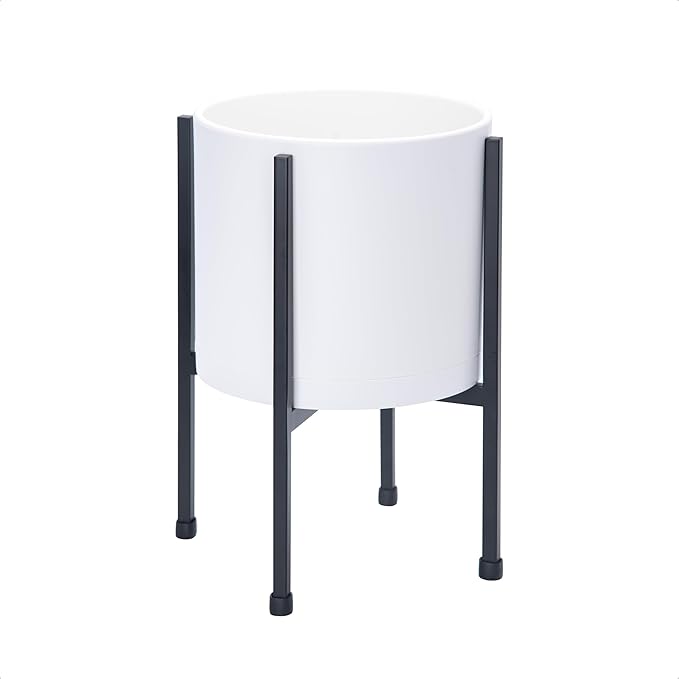 D'vine Dev 8 Inch White Planter Pot with Stand – Modern Plastic Cylinder Flower Pot with Heavy-Duty Metal Stand for Indoor Plants, 55-D-A-1
