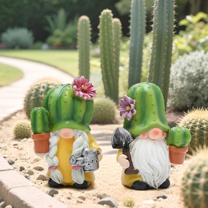 Hodao Cactus Gnome Figurines – Cute Hand-Painted Resin Gnome Statues for Spring and Summer Home and Garden Decor, Patio, Windowsill and Tiered Tray Accents(4.25 inch)
