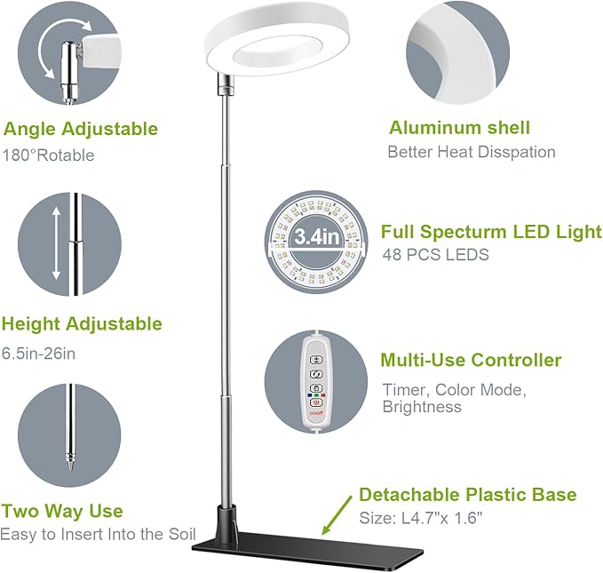 Kullsinss Grow Lights for Indoor Plants, Full Spectrum Halo Growing lamp with Detachable Base, Height Adjustable, 3 Colors, 10 Dimming, Automatic Timer, Plant Light for Succulents Small Plants