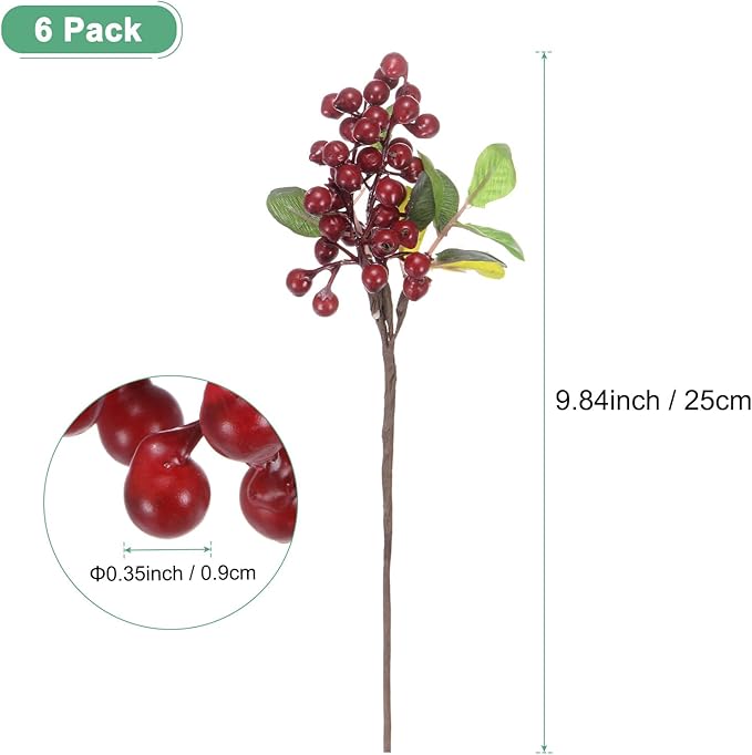 6-Pack Artificial Berry, 9.8 Inch Faux Holly Berry Foam Faux Frosted Berries with Stems for Home/Wedding/Christmas/DIY/Party/Garden/Office [Bright Red]