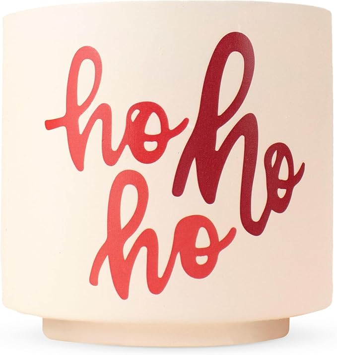 Ceramic Holiday Planter Pot, Ho Ho Ho Design, Creme & Red, Holds 4" House Plant or Succulent, Festive Winter Christmas Home Décor with Wood Stand