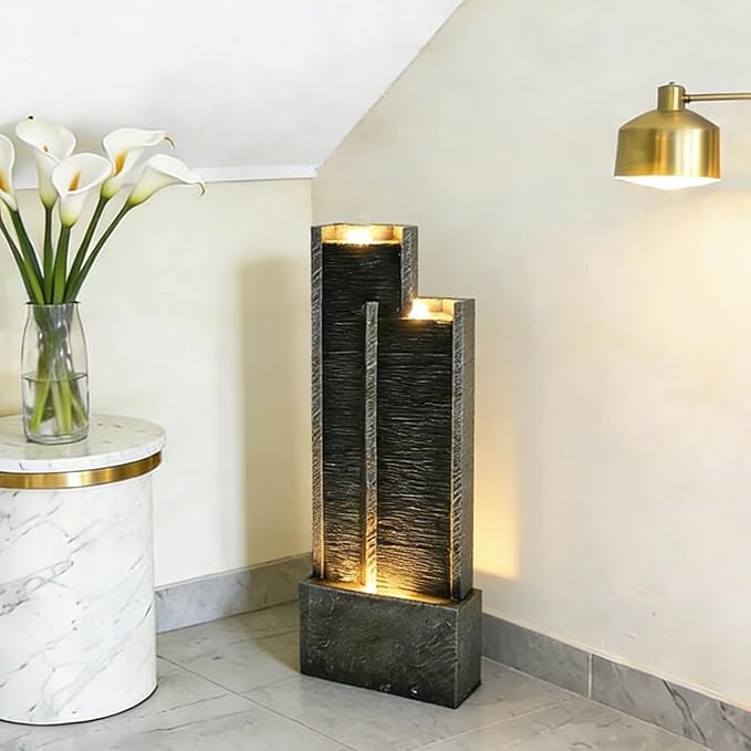 Modern Tiered Waterfall Fountain with Lights – Indoor Rectangular Water Feature - 35.4"H Waterfall Fountains for Deck, Patio, Porch, Garden, Yard Decor Standing Indoor Outdoor Water Fountains