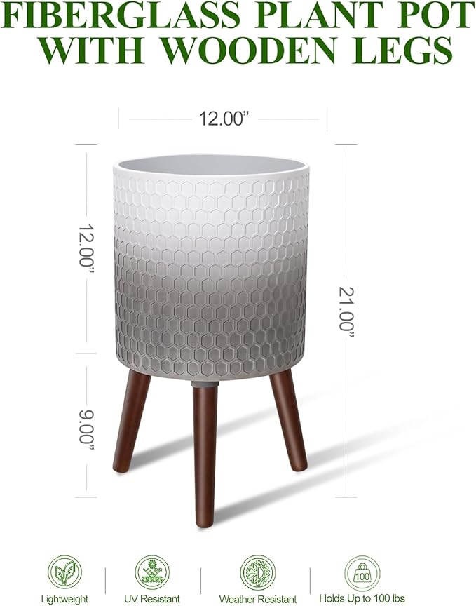 Opnons 12 Inches Indoor Plant Pot with Walnut Color Stand Honeycomb Embossed Flower Pot with Drainage Holes Large Modern Planters for Indoor Plants-Gradient White Gray