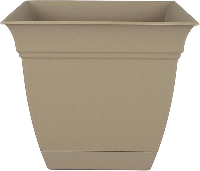 The HC Companies Eclipse Square Plastic Planter w/Attached Saucer - Outdoor & Indoor Plant Pot with Drainage Holes - Lightweight, UV-Resistant Plastic Pots for Plants (10" Sandstone, Pack of 1)