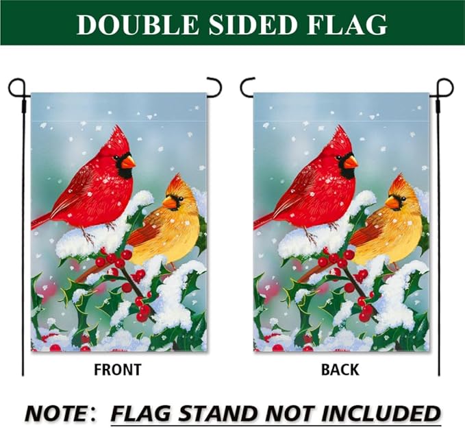 Winter Cardinal Garden Flag 12.5 x 18 Inch Double Sided Home Decor, Berry Snowflake House Outside Outdoor Cardinal Burlap Yard Flag Decoration