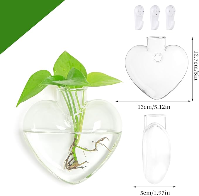 XXXFLOWER Wall Hanging Glass Terrariums，Clear Planters Propagation Station Glass Flower Vase,Air Plant Terrariums for Hydroponic Plants,Home Office Decor,Gifts,Heart-Shaped Set of 2