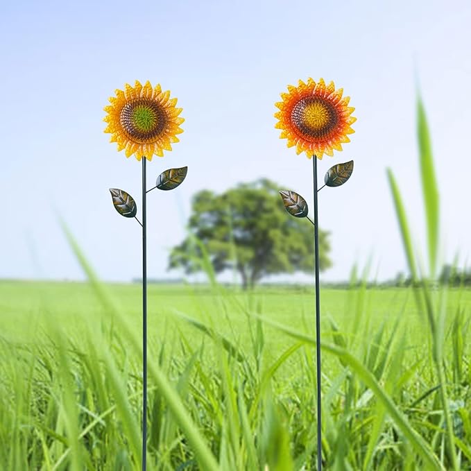 Metal Sunflower Garden Stakes Decor,2 Pack 39" Flower Garden Stake for Outdoor Home Garden Backyard Lawn Pathway Patio Sunflower Sticks Decor