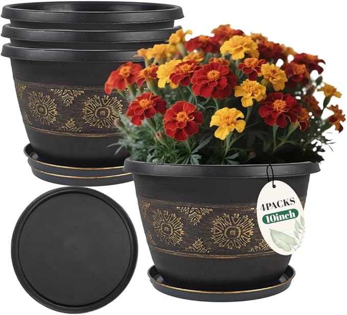 Usocik 4 Pack 10 inch Plant Pots, Retro Pattern Planters with Drainage Holes and Saucer, Sturdy Plastic Garden Flower Pots for Indoor & Outdoor Plants
