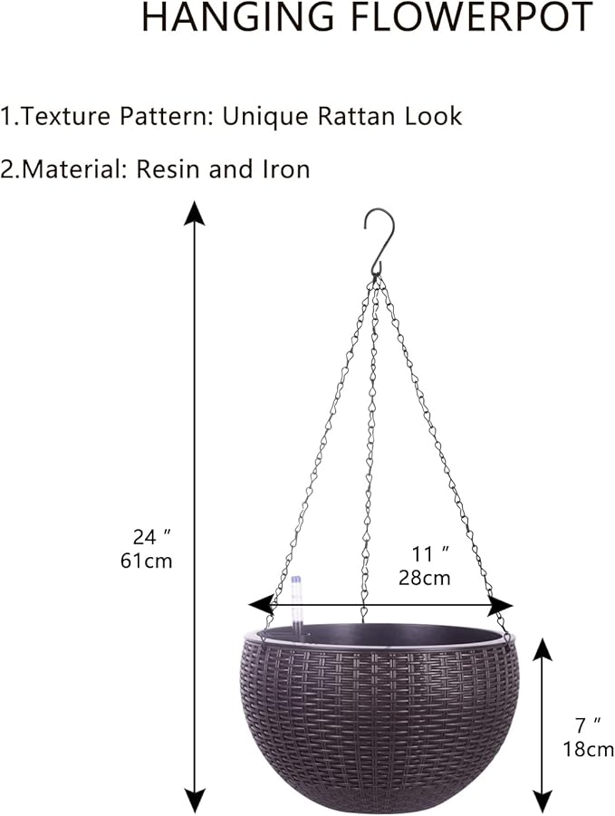 Vencer 11 Inch Round Resin Rattan Hanging Planters,Self Watering Hanging Basket for Indoor Outdoor Plants,Hanging Flower Pots with Drain Hole and Metal Chain,Water Indicator,Coffee,VF-A15-C