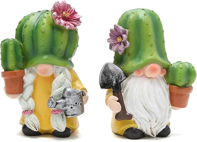 Hodao Cactus Gnome Figurines – Cute Hand-Painted Resin Gnome Statues for Spring and Summer Home and Garden Decor, Patio, Windowsill and Tiered Tray Accents(4.25 inch)