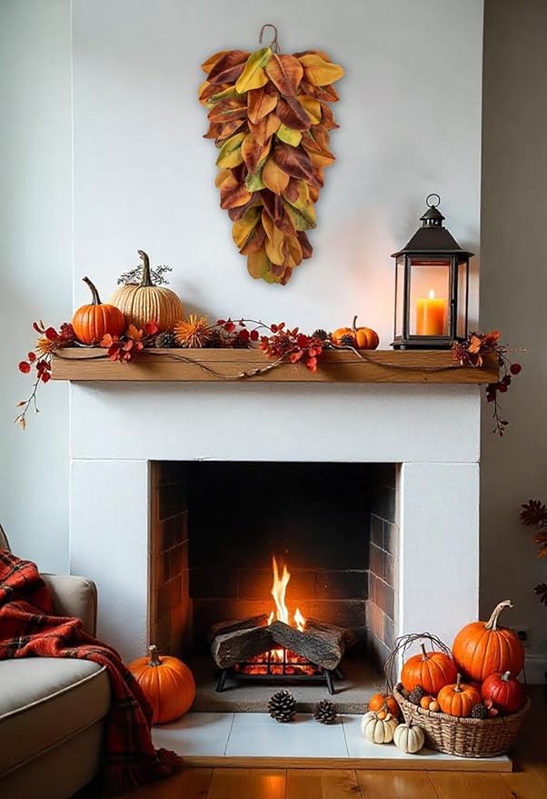Autumn Foliage Teardrop Swag for Front Door – 27" Artificial Magnolia Leaf Garland Hanging Decoration – Fall Door, Thanksgiving Mantel & Wall Décor