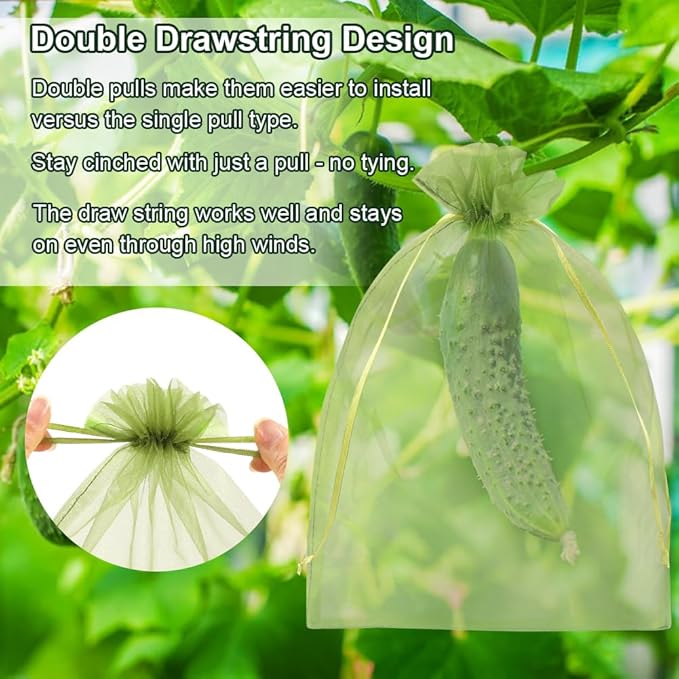 Shintop 100Pcs Fruit Protection Bags, 8x12 Inch Green Grape Netting Cover Drawstring Mesh Bags Pest Barrier for Fruit Trees Flower