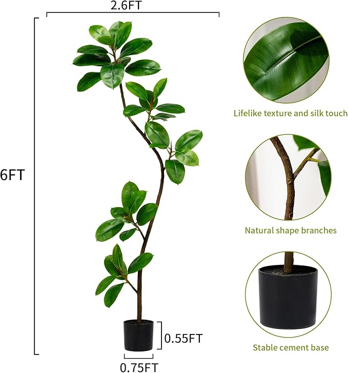 6ft Artificial Rubber Tree Faux Plants Indoor Faux Floor Artificial Trees Indoor,Fake Plant Fake Tropical Plants,Large Floor,Real Touch Rubber Tree for Home Decor