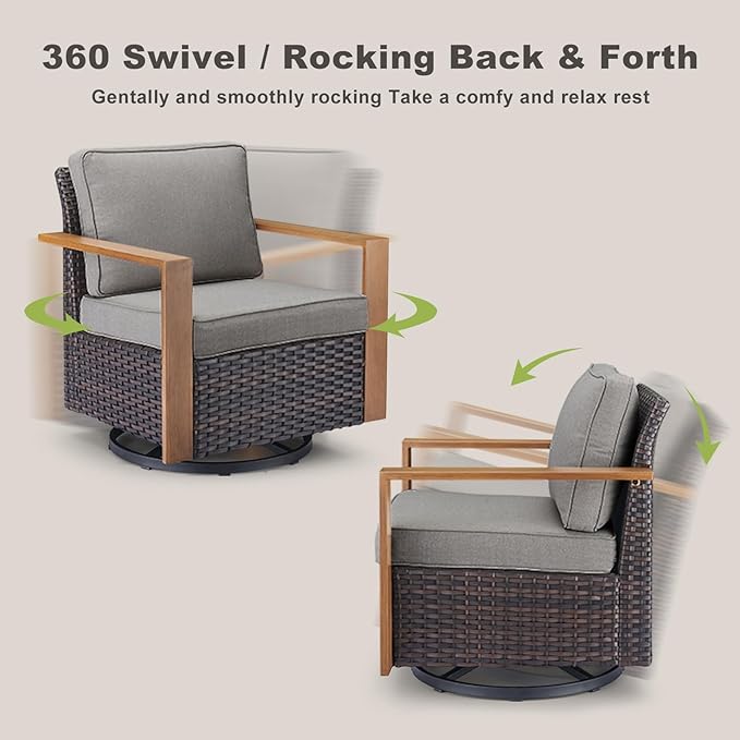 Rilyson Outdoor Wicker Patio Furniture Set - 8 Piece Patio Conversation Set with 4 Wicker Swivel Rocker Chairs,2 Rattan Ottoman 1 Side Table and 1 Couch,Thick Cushions,Deep Seating(Brown/Grey)