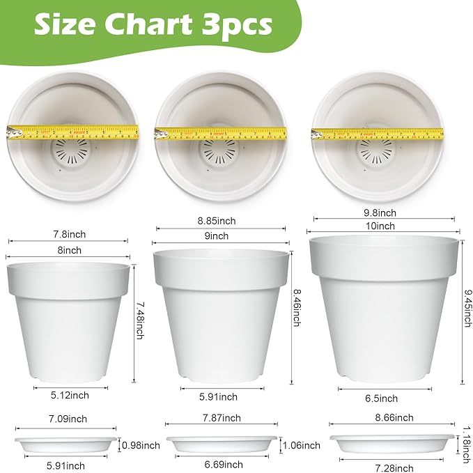RooTrimmer 3-Pack 8/9/10 Inch Plastic Plant Pots with Saucers – Durable BPA-Free Planters with 21 Drainage Holes, Raised Bottom Breath and Bottom Watering Design for Indoor & Outdoor – White