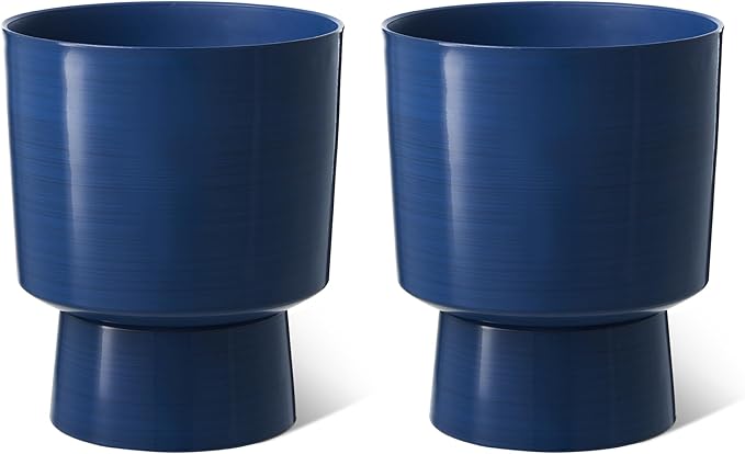 Glitzhome Set of 2 Plastic Planters, 16.75" H Faux Ceramic Eco-Friendly Outdoor Indoor Plant Pots, Lightweight Flower Container Decor with Easy Knock-Out Drainage Hole for Patio Balcony, Cobalt Blue