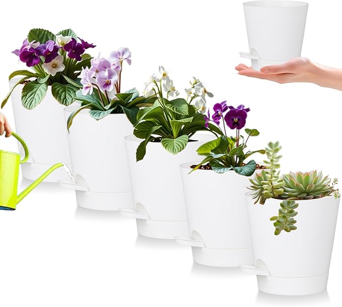 zople 5 Pack 5 inch Self-Watering Pots, African Violets Planter with Drainage Holes and Reservoir, White Plastic Planter for Indoor Outdoor Plants Flowers and Houseplants White, 5 inch 5 pcs