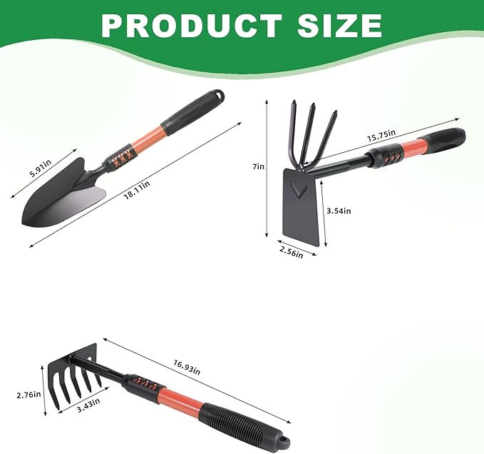 Garden Tool Set, 3 Pack Gardening Tools, Stainless Steel Heavy Duty Hand Cultivator, Hoes, Shovel, for Planting Weeding Digging, Red