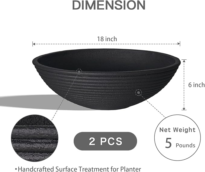 TerraDeco 18 - inch Handmade Classic Bowl - Concrete Planter (2 Packs | Concrete Composite | Ideal for Succulents, Courtyard Pillars & Staircase Corners