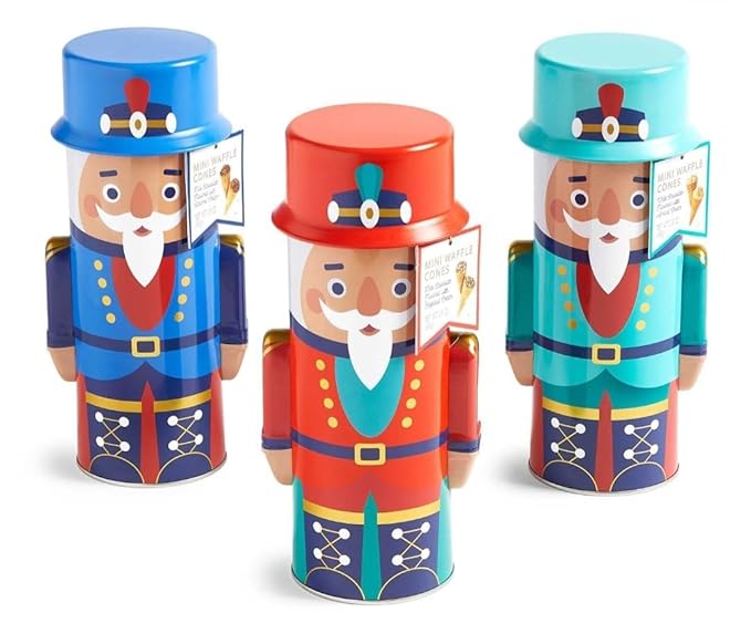 Nutcracker Holiday Treat Tins with Mini Waffle Cones, 3-Count – Festive Christmas Gift Set, Assorted Holiday Snack Cones, Resealable Decorative Tins, Seasonal Party
