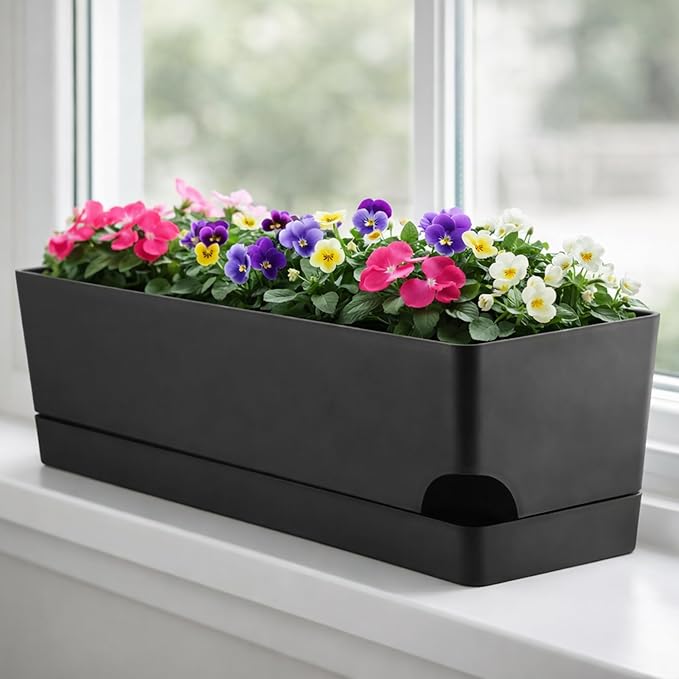 Party Zealot Self Watering Pots for Indoor Plants, 5 Pack Window Boxes Planters 17 Inch Rectangular Planter Rectangle Flower Pots Long Plant Pot Large Window Sill Herb Planter Box, Black