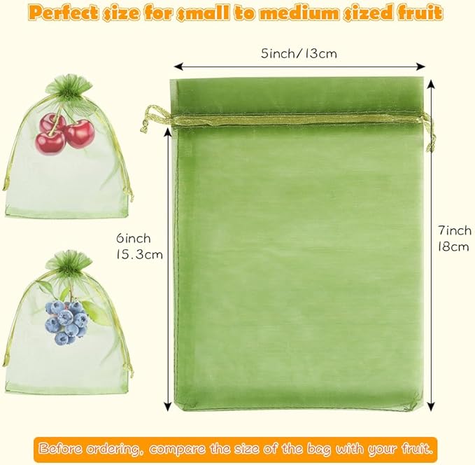 Shintop 100Pcs Fruit Protection Bags, 5x7 Inch Green Strawberry Netting Cover Drawstring Mesh Bags for Blueberry Lemon Little Fruit
