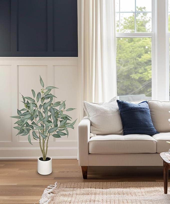 Artificial Eucalyptus Tree in White Pot – 3FT Faux Indoor Plant for Home Décor, Modern Greenery for Living Room, Bedroom, Office – Realistic Silk Leaves, Minimalist Planter