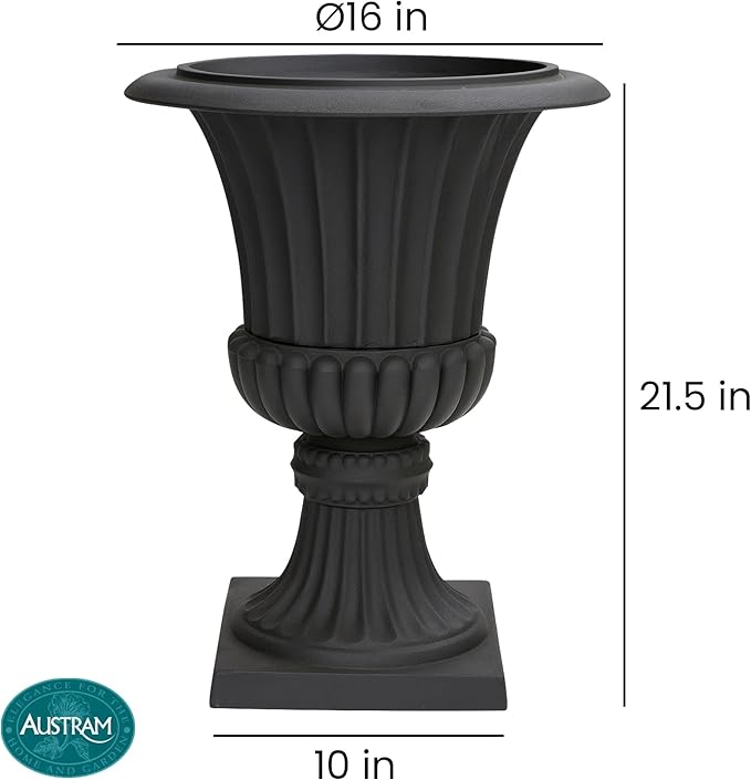 Austram Urn Planters 22", Set of 2, Tall Stone-Resin Pedestal Planters for Outdoor Plants, Large Front Porch Decor, Patio Garden Pots, Outdoor Urns for Entryway, Porch & Deck, Black Plant Pot