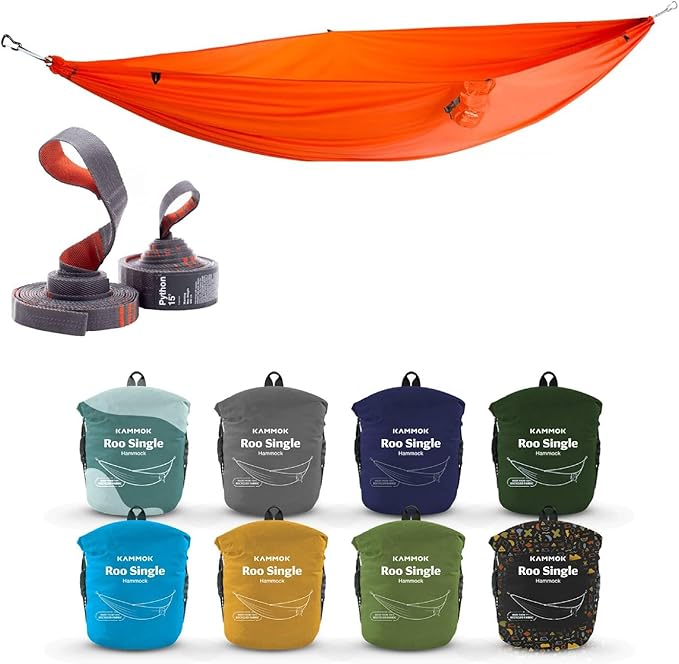 KAMMOK Roo Single Hammock -Lightweight Camping Hammock with Tree-Friendly Python 10' Straps for Outdoor Relaxation - Durable Portable Hammock Made 100% Recycled Nylon for Hiking, Travel & Backyard Use
