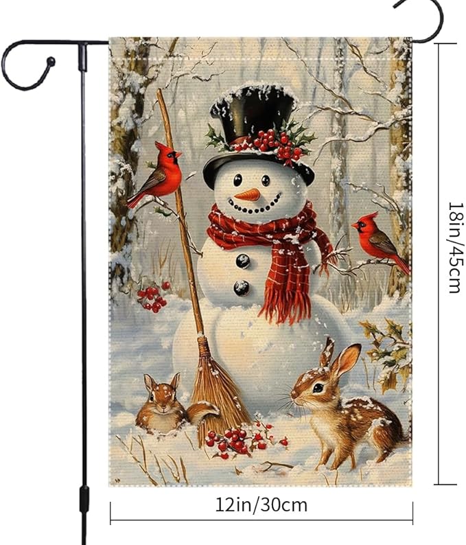 Snowman Garden Flag 12x18 Inch Double Sided Burlap Winter Cardinal Animal Scene Holiday Christmas Yard Flag Small Seasonal Outdoor Welcome Banner for House Porch Lawn Decor
