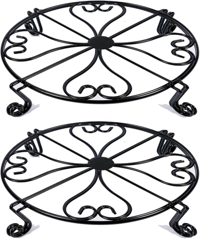 NSYOOMH 2 pack 10" 12" Rustproof Black Metal Plant Stands Heavy Duty Plants Holder Outdoor Indoor, Round Wrought Iron Sturdy Flower Planter Pot Stand, Corner Gardening Inside Potted Plant Risers - 10Inches