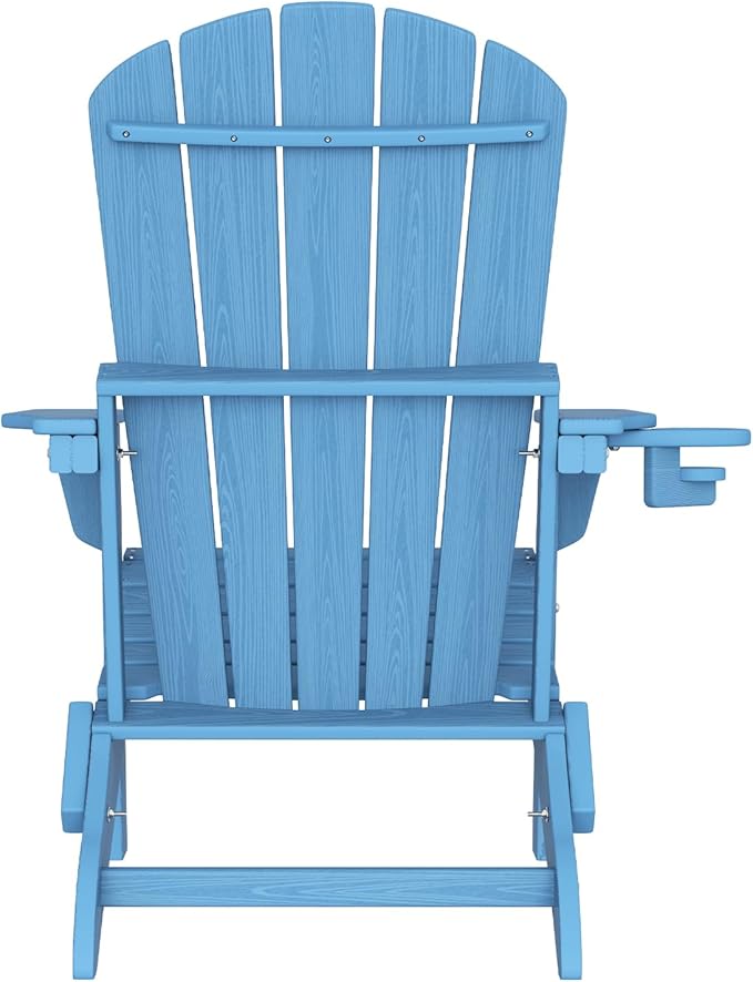 Plawdlik Folding Adirondack Chair Set of 6 with Cup Holder，Wooden Textured ，Heavy All-Weather HDPE Comfortable Set Poolside Backyard Lawn, Light Blue