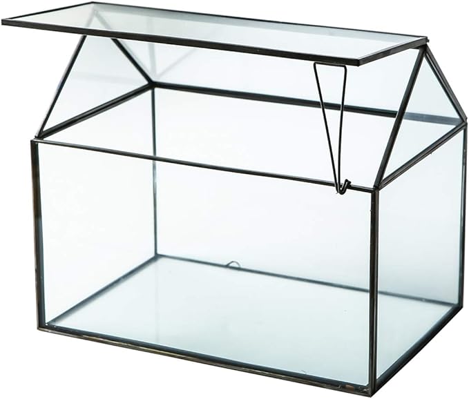 House Shape Close Glass Geometric Terrarium Tabletop Succulent Plant House Garden Planter Moss Fern Swing Lid, Flower Pot for Plants Succulent, Air Plant (Black)