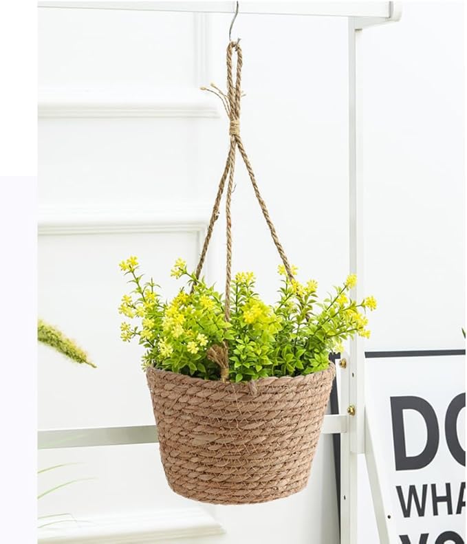 Hanging Planters for Indoor Plants, Hanging Planter with Jute Rope Woven Hanging Flower Pots Hanging Plant Holder Hanging Basket Retro Style Straw Basket for Office Party (1 Pack)