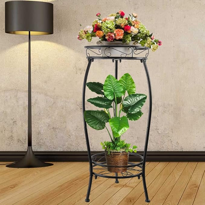 Tall Plant Stand Indoor Outdoor, 2Tier Metal Potted Flower Pot Stand, Heavy Duty Iron Planter Shelves Rack Anti-rust, 27" (Black)