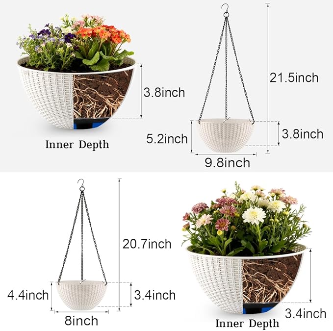 RooTrimmer Hanging Planters for Indoor Outdoor Plants 8 and 10 Inch, 4 Packs Hanging Flower Pot with Drainage Holes, Self-Watering Hanging Basket Perfect for Home, Office and Garden, White