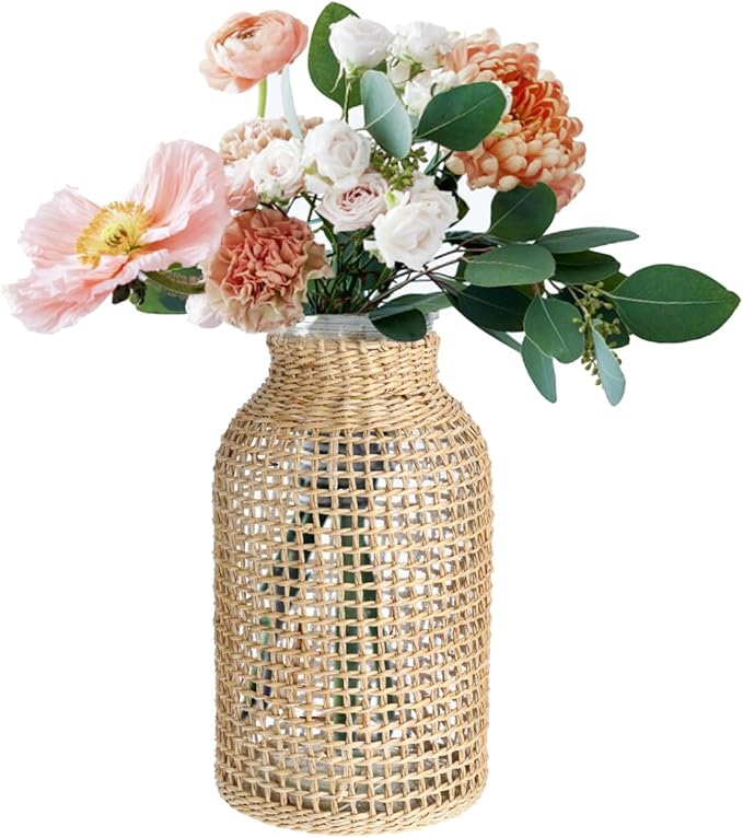 DOITOOL Wicker Vase, 8" Tall Glass Vase with Rattan Cover, Tall Rattan s for Flowers, Boho Floral Container Bottle for Floral Arrangements Housewarming Party Home Decor (L)