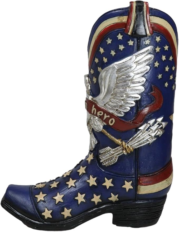 Ebros Gift Rustic Country Patriotic Blue USA Flag Western Stars American Hero USA Eagle Great Seal Crest Cowboy Boot Decorative Flower Bouquet Vase Or Planter Figurine 9" High