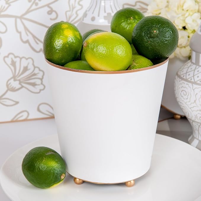 Jaye's Studio Mattie White, Decorative Round Cachepot & Planter, Matte White, Gold Trim & Finish, Hand-Painted, Handcrafted Metal, Luxury Indoor Planter, Size 4"