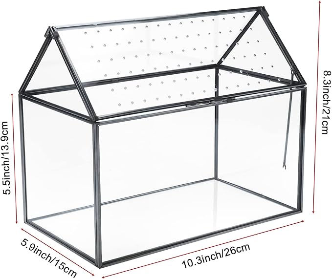 HighFree Geometric Glass Terrarium with Acrylic Lid, House Shape Black Terrarium with Breathing Holes for Snails, Succulent, Cacti, Air Plants, 10.3x8.3x5.9 inch (Terrarium Only)