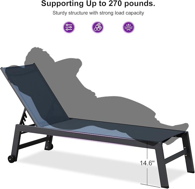 PURPLE LEAF Patio Chaise Lounge Set for 2 Outdoor Chaise Lounger Chair with Aluminum Frame and Easy-to-Move Wheels Pool Lounge Chairs for Deck Yard Poolside Table Included, Indigo