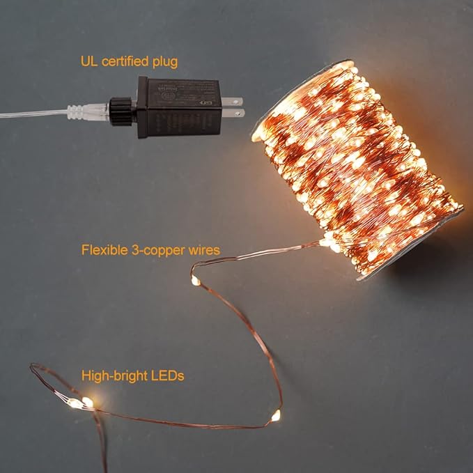 66Ft Warm White Plug in Fairy Lights 200 LED Waterproof Copper Wire String Lights Twinkle Lights with Remote for Christmas Tree Bedroom, Porch, Patio, Garden Wedding Party
