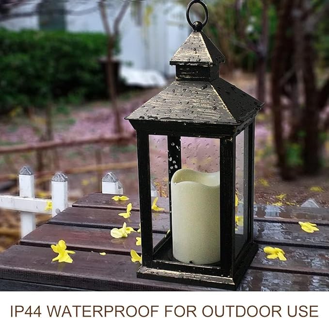 Bright Zeal 14" Tall Vintage Decorative Lantern with LED Pillar Candle (Distressed Gold) - Outdoor Lights Decorative Hanging - Battery Lantern with Timer - Vintage Candle Light