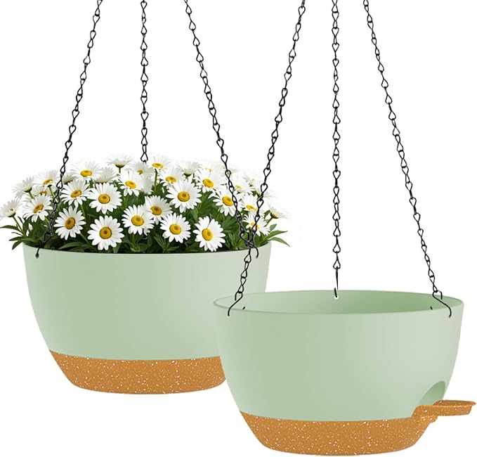 zople 10 Inch Hanging Planters with Chains 2 Pack Self Watering Green Brown Plastic Hanging Pots for Indoor Outdoor Plants, Garden Porch Home Decor (Green Brown)